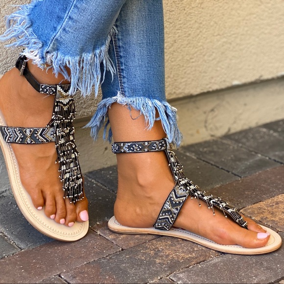 Leather Hand Beaded Gladiator T Strap Sandals - Picture 6 of 14